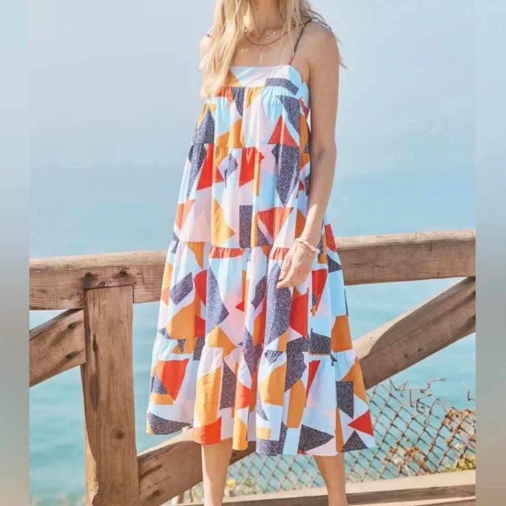 Entro Colorful Geometric Midi Dress in Medium with Tassel Straps